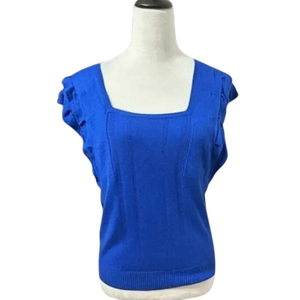Attention Ruffled Cap Sleeve Sweater Square Neck Lightweight Blue Women's Large